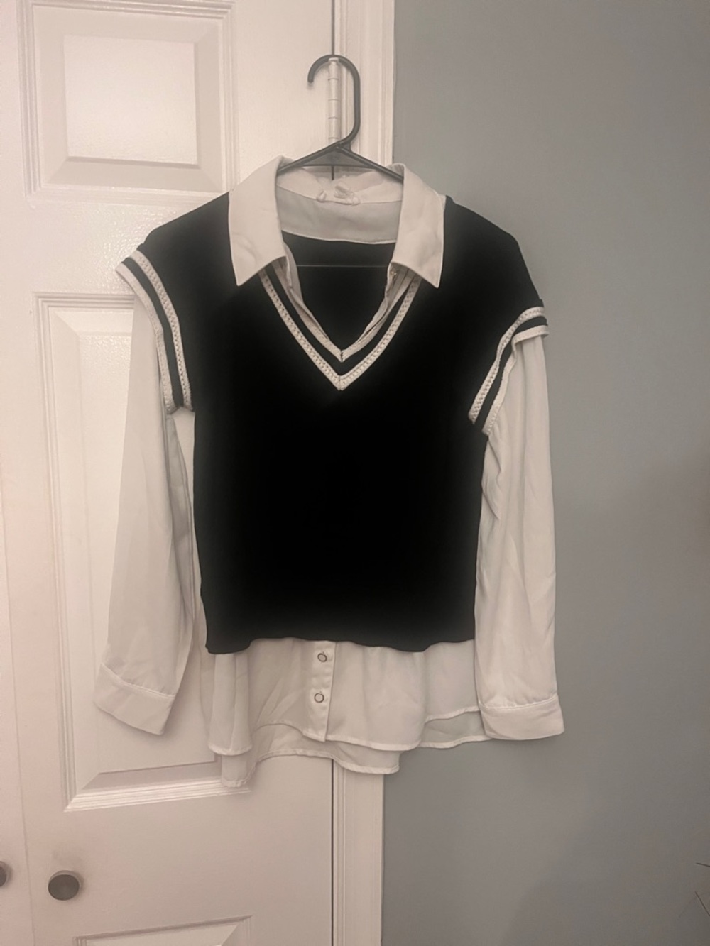 Black & White Layered V-Neck Sweater Vest with Shirt